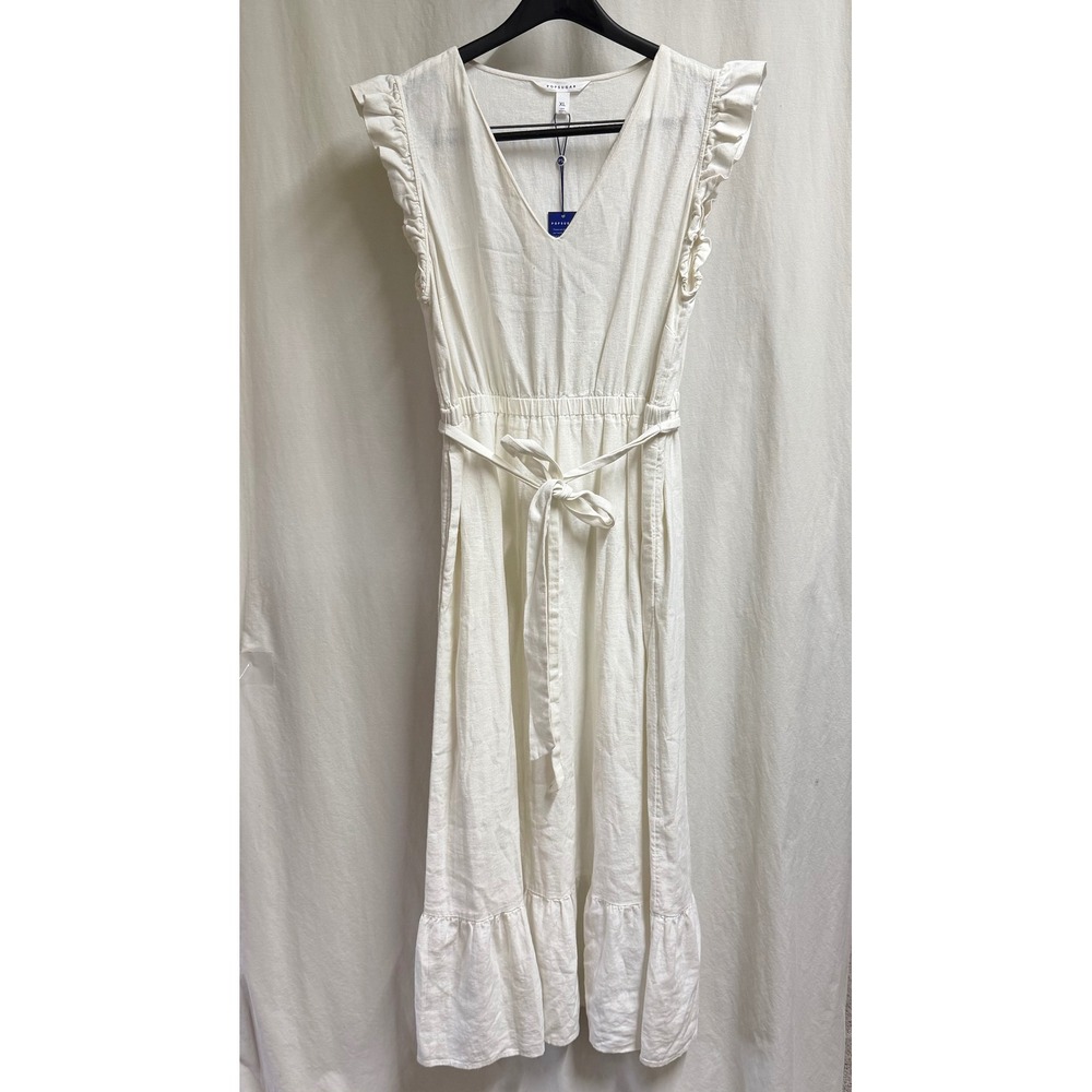 POPSUGAR Womens White Linen Blend Ruffle Sleeve Midi Dress XL NEW Summer Cottage